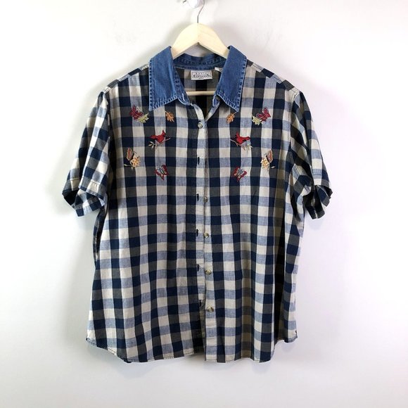 Vintage Tops - Vintage Embroidered Denim Plaid Buffalo Check Top